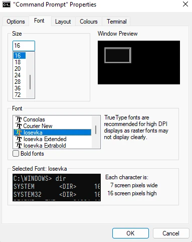 Setting a new font in Command Prompt/PowerShell