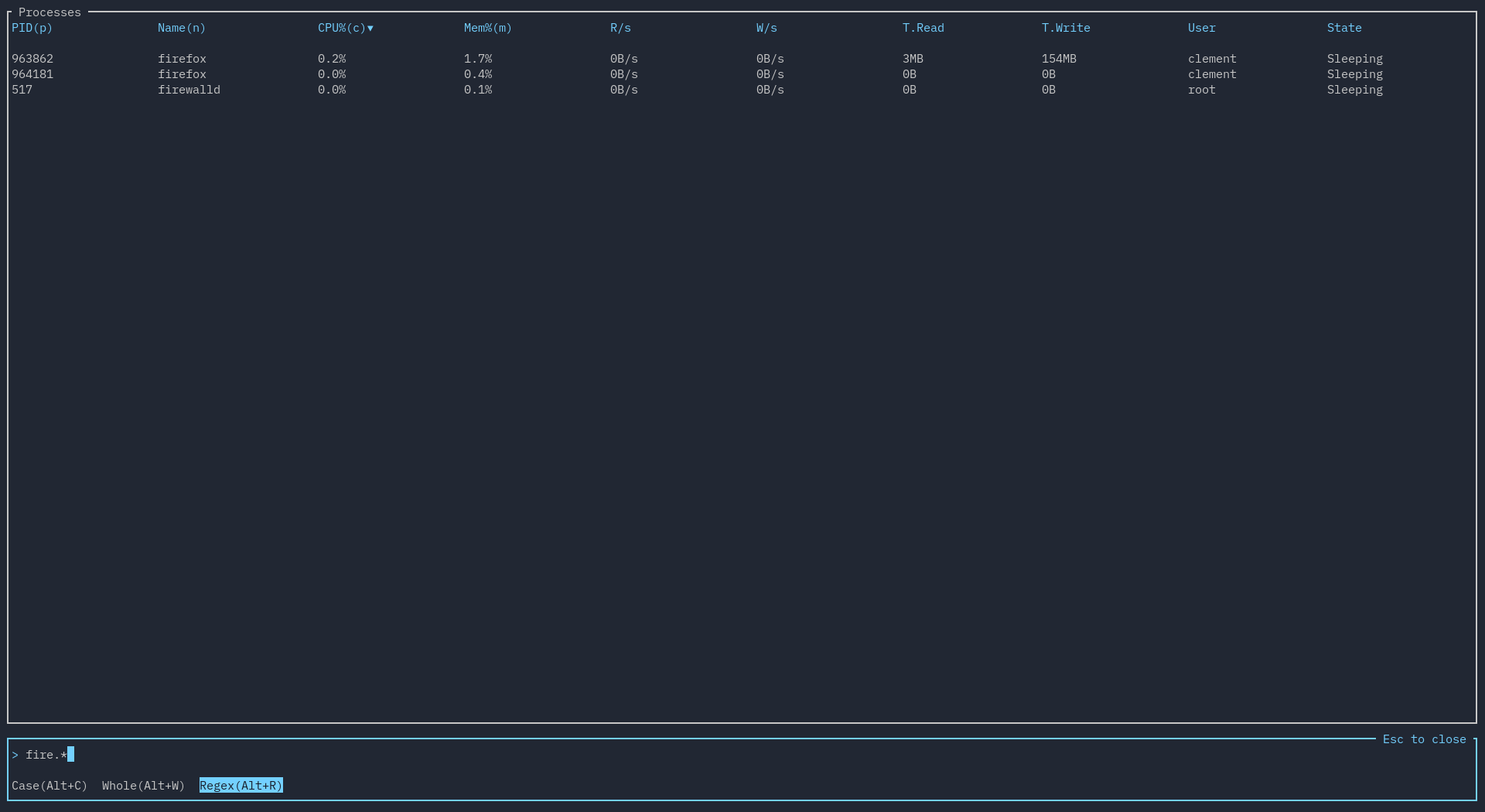 A picture of searching for a process with a search condition that uses regex.