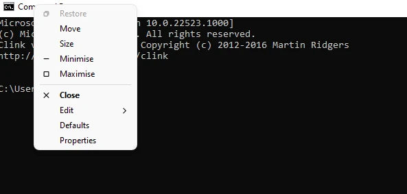 Opening the properties menu in Command Prompt/PowerShell