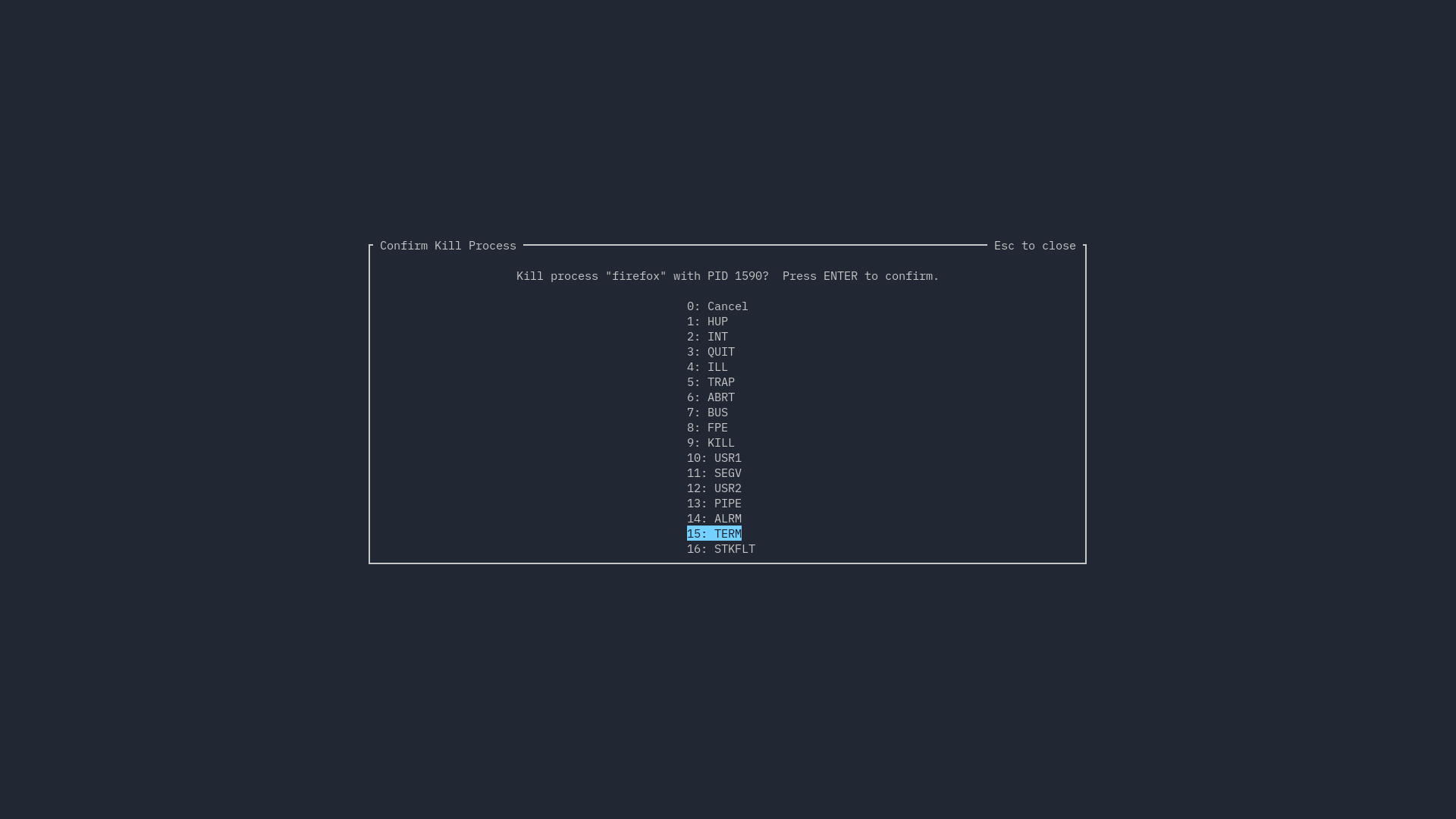 A picture of the process kill menu on Linux.